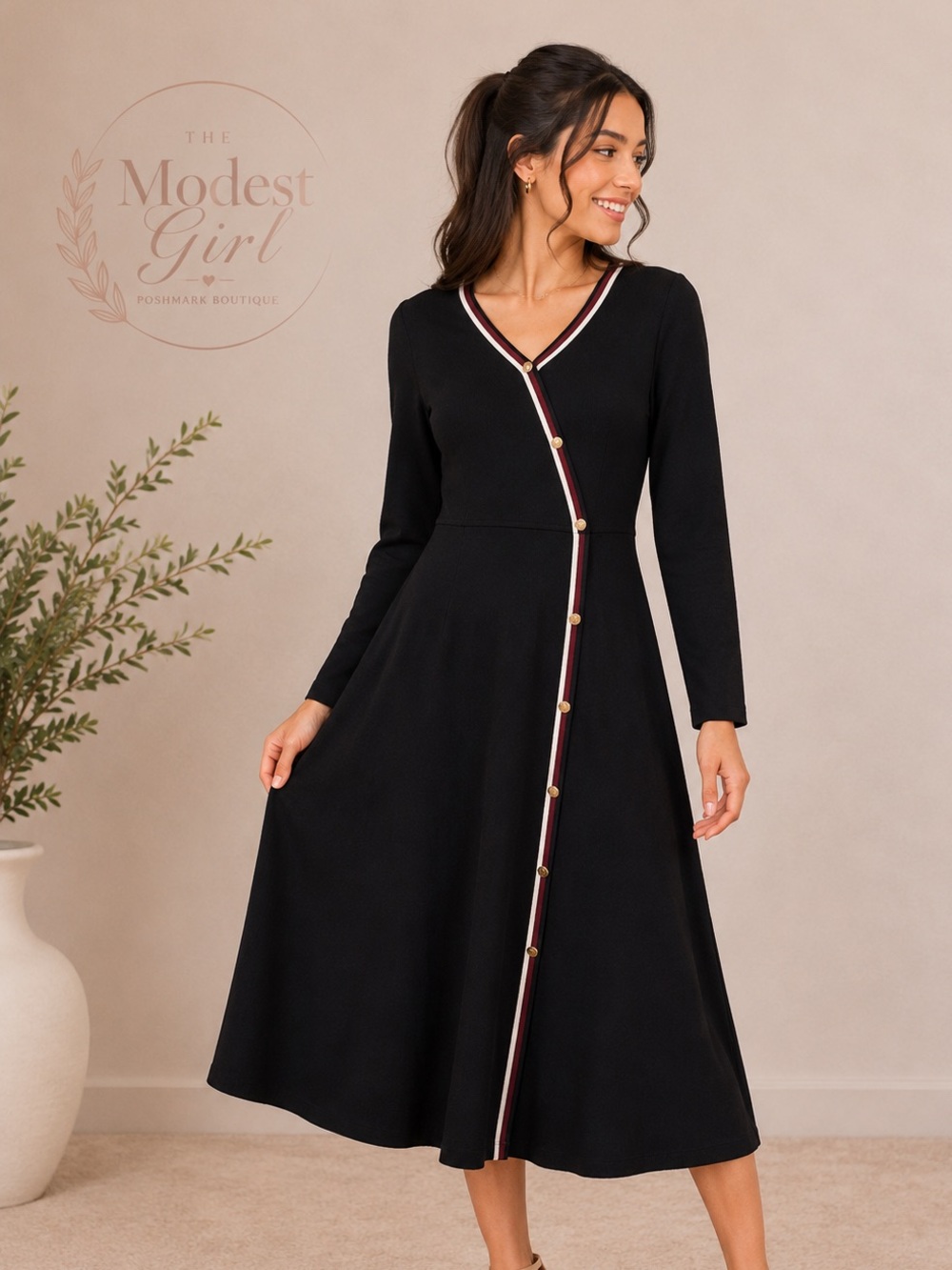 Classic Black A-Line Dress with Stripe Trim
